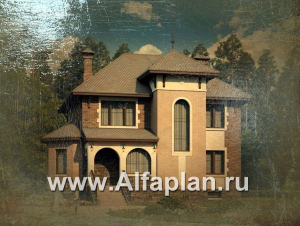Проекты домов Альфаплан - «Маленький принц» - проект двухэтажного дома, с эркером и с террасой, планировка с кабинетом на 1 эт и с цокольным этажом - превью основного изображения