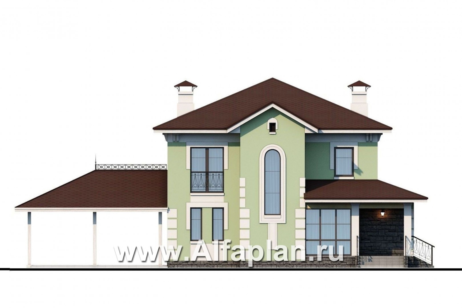 Проекты домов Альфаплан - «Кваренги» - коттедж с террасой и навесом для машины - изображение фасада №1