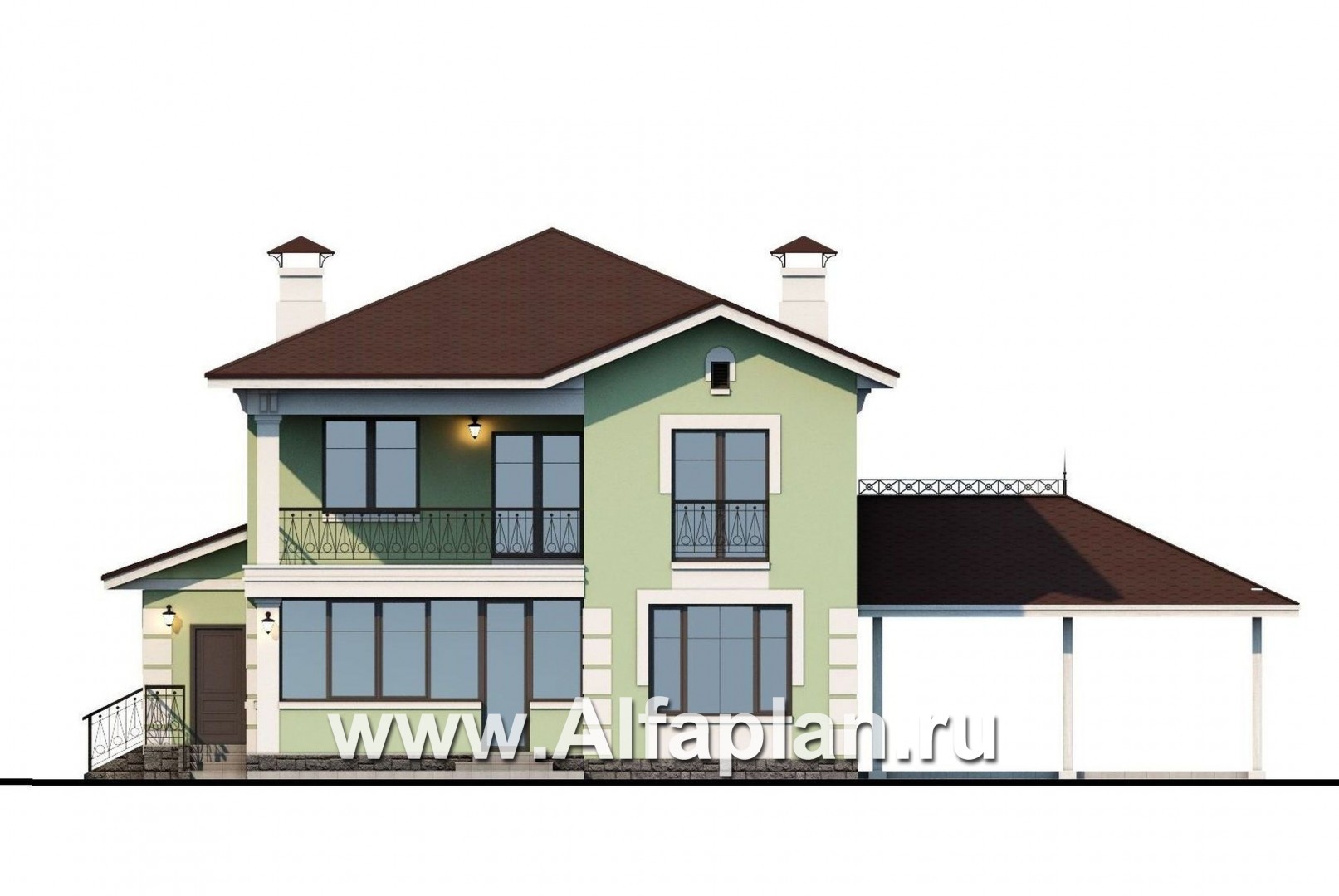 «Кваренги» - проект двухэтажного дома, с сауной, с террасой и просторной лоджией, навес  на 2 авто - фасад дома