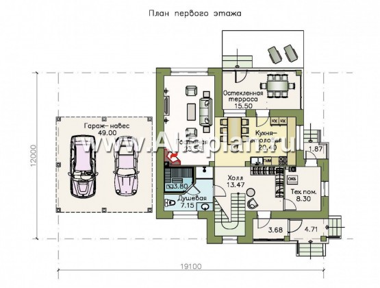 «Кваренги» - проект двухэтажного дома, с сауной, с террасой и просторной лоджией, навес  на 2 авто - превью план дома