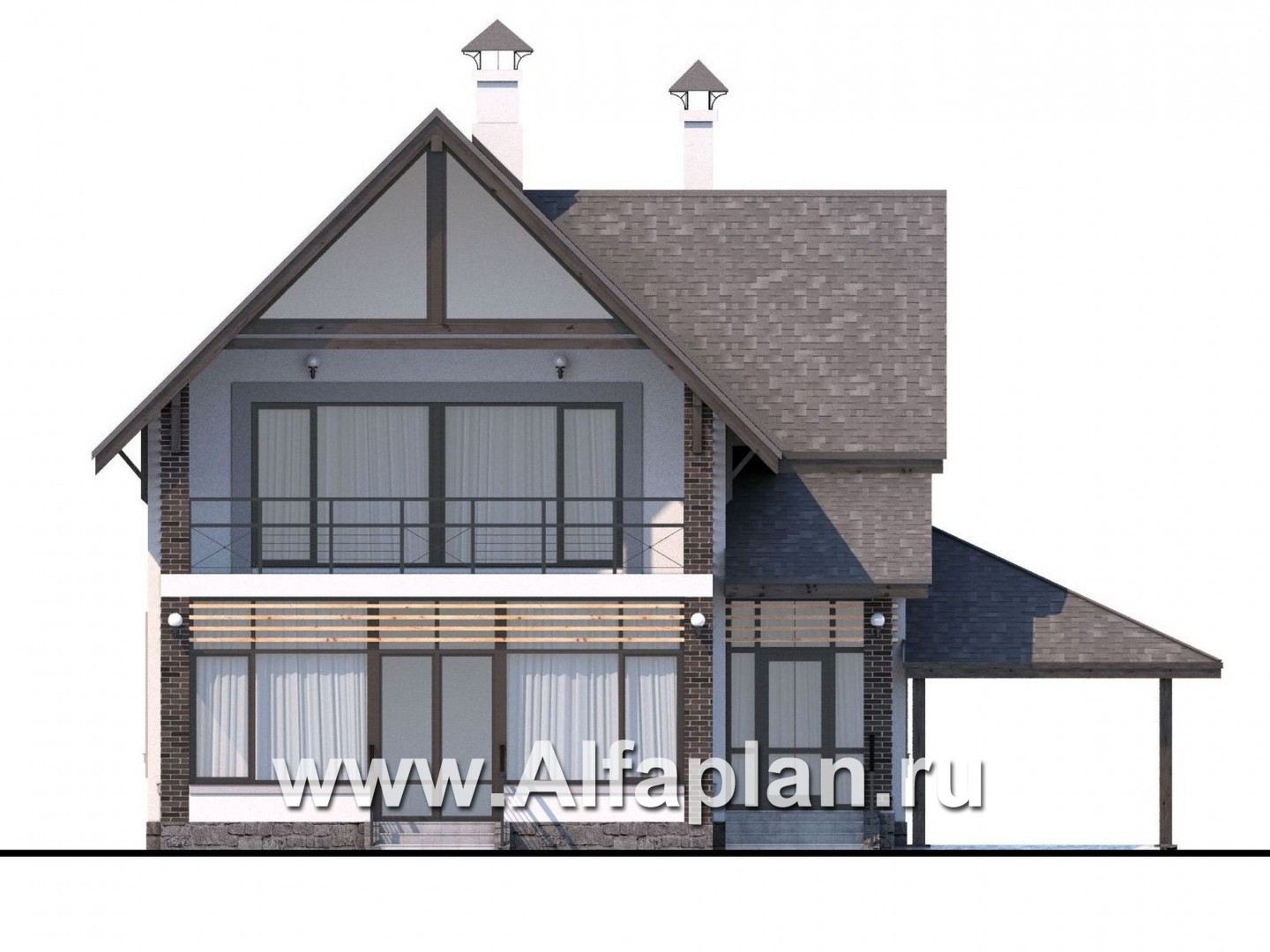 Проекты домов Альфаплан - «Арматор»- современный дом с террасой, лоджией и навесом для авто. - изображение фасада №1