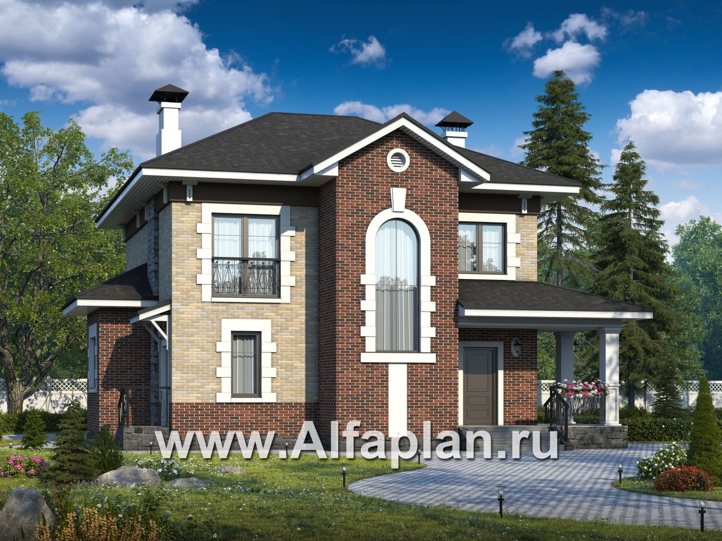 Проекты домов Альфаплан - «Равновесие» - изящный коттедж с террасами - основное изображение