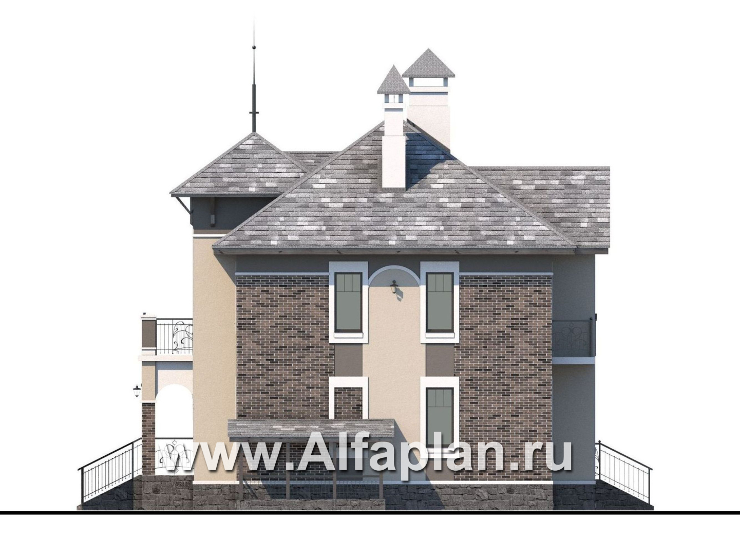 Проекты домов Альфаплан - «Разумовский» - проект двухэтажного дома, с террасой, со вторым светом, с цокольным этажом - изображение фасада №2