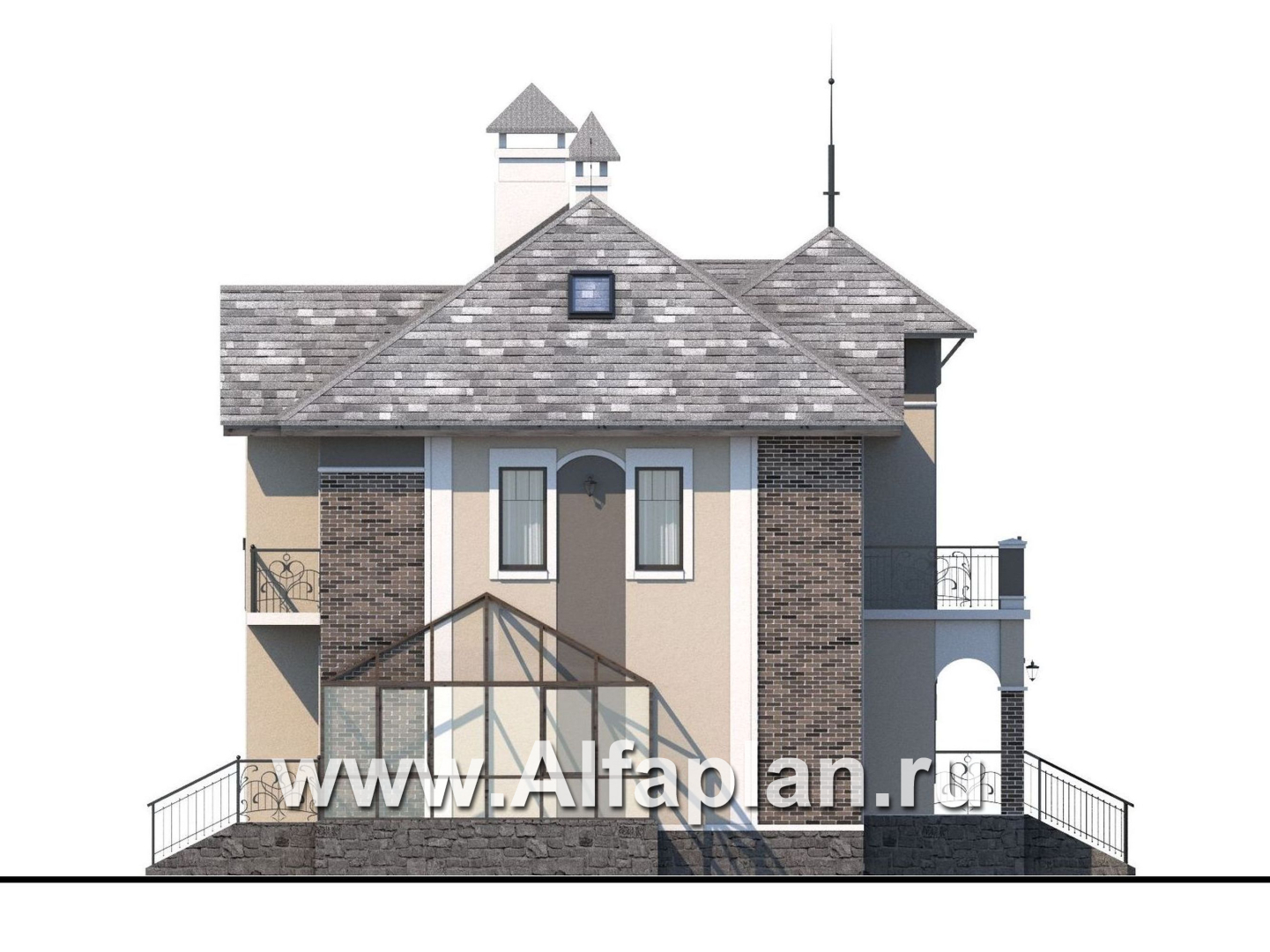 Проекты домов Альфаплан - «Разумовский» - проект двухэтажного дома, с террасой, со вторым светом, с цокольным этажом - изображение фасада №3