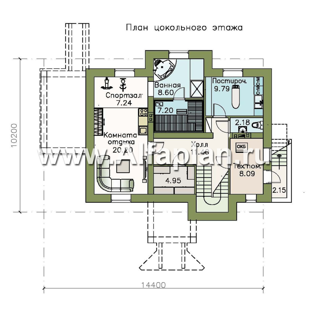 Проекты домов Альфаплан - «Разумовский» - проект двухэтажного дома, с террасой, со вторым светом, с цокольным этажом - изображение плана проекта №1