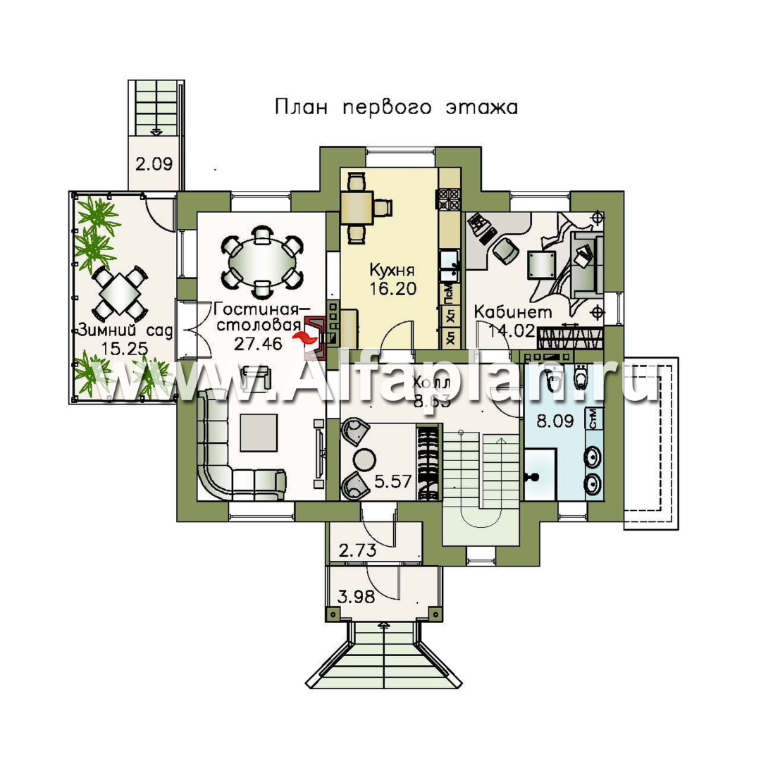 Проекты домов Альфаплан - «Разумовский» - проект двухэтажного дома, с террасой, со вторым светом, с цокольным этажом - изображение плана проекта №2