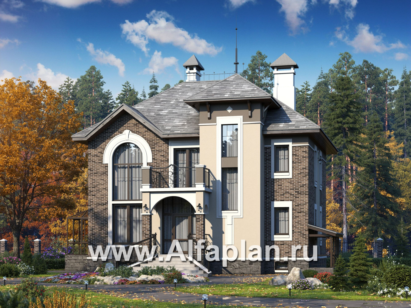 Проекты домов Альфаплан - «Разумовский» - проект двухэтажного дома, с террасой, со вторым светом, с цокольным этажом - основное изображение
