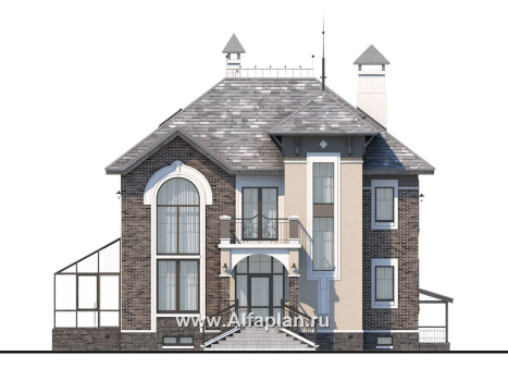 Проекты домов Альфаплан - «Разумовский» - проект двухэтажного дома, с террасой, со вторым светом, с цокольным этажом - превью фасада №1