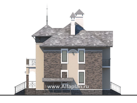 Проекты домов Альфаплан - «Разумовский» - проект двухэтажного дома, с террасой, со вторым светом, с цокольным этажом - превью фасада №2
