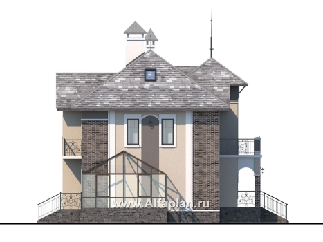 Проекты домов Альфаплан - «Разумовский» - проект двухэтажного дома, с террасой, со вторым светом, с цокольным этажом - превью фасада №3
