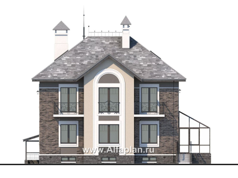 Проекты домов Альфаплан - «Разумовский» - проект двухэтажного дома, с террасой, со вторым светом, с цокольным этажом - превью фасада №4