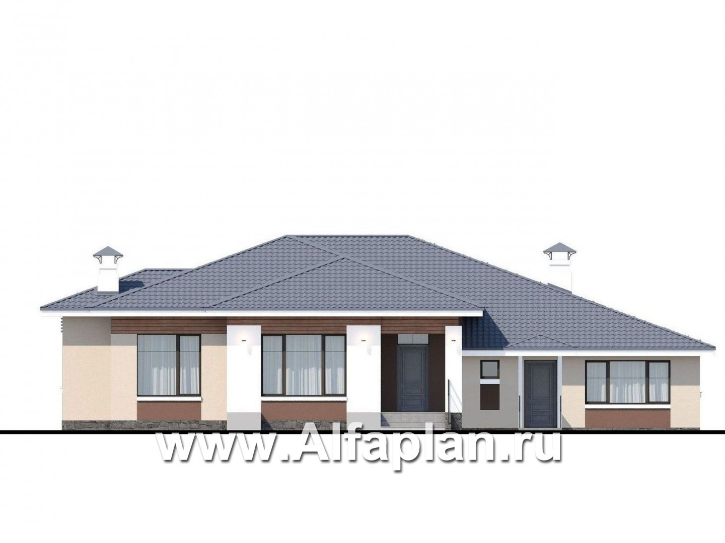 Проекты домов Альфаплан - «Калипсо» - одноэтажный двухквартирный дом (возможен для людей с ограниченными возможностями) - изображение фасада №1