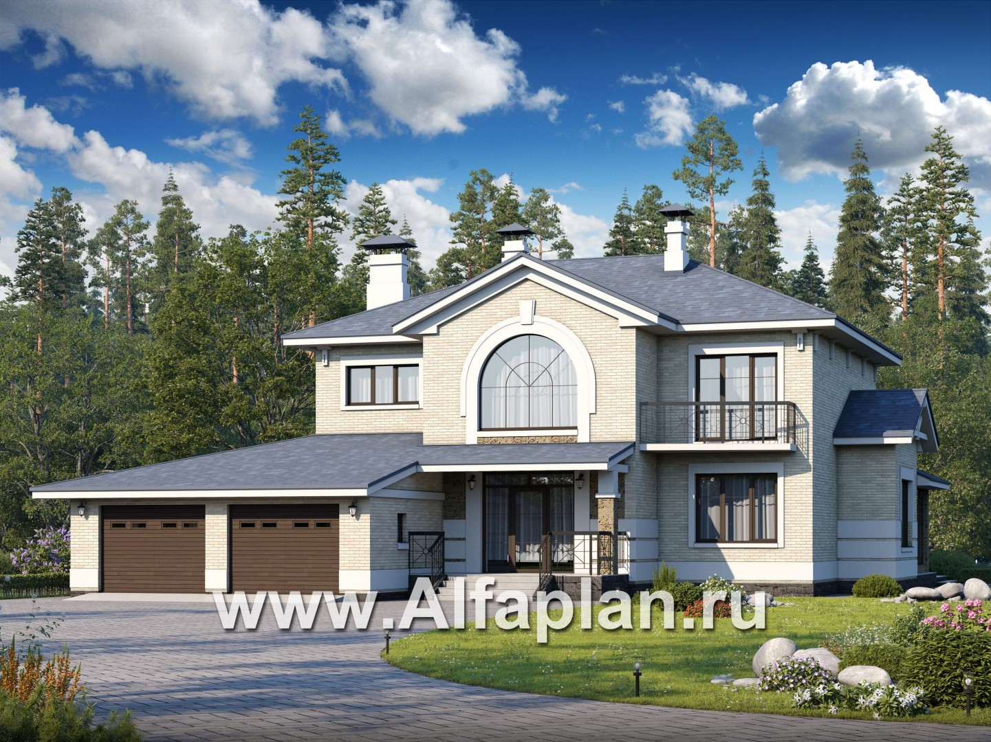 Проекты домов Альфаплан - «Аутентик» - комфортабельный коттедж с большим гаражом и верандой - основное изображение