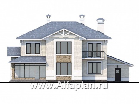 Проекты домов Альфаплан - «Аутентик» - комфортабельный коттедж с большим гаражом и верандой - превью фасада №4