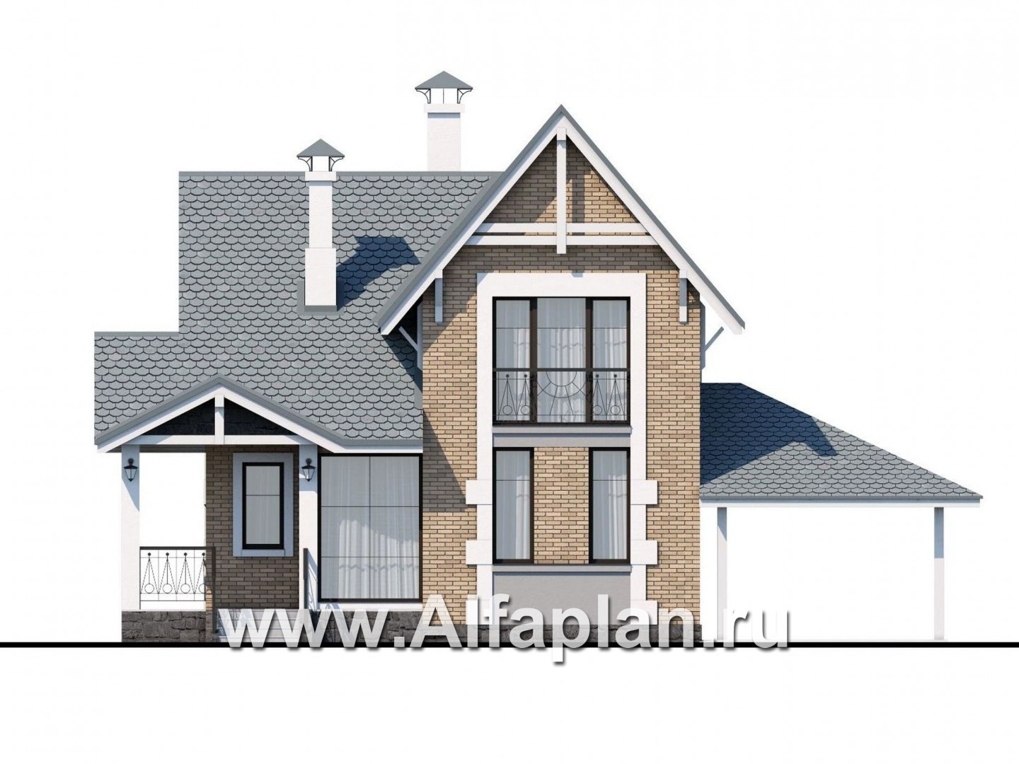 «Кадет» - проект  дома с мансардой, из кирпича, с навесом на 1 авто, в стиле эклектика - фасад дома