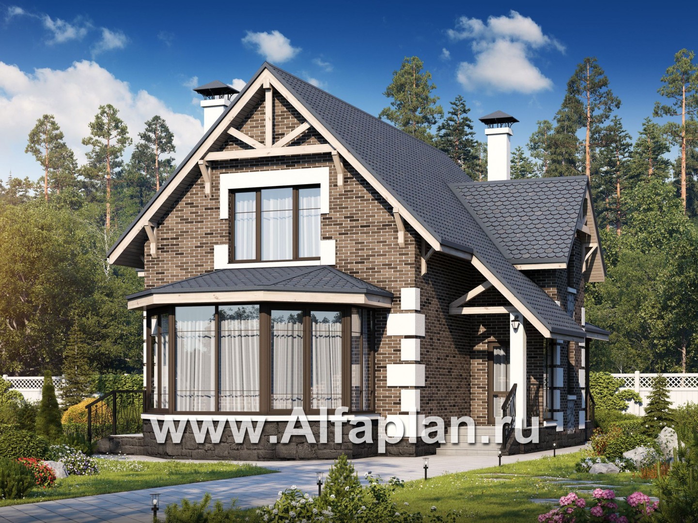 Проекты домов Альфаплан - «Малая Родина» - компактный дом с красивой верандой - основное изображение