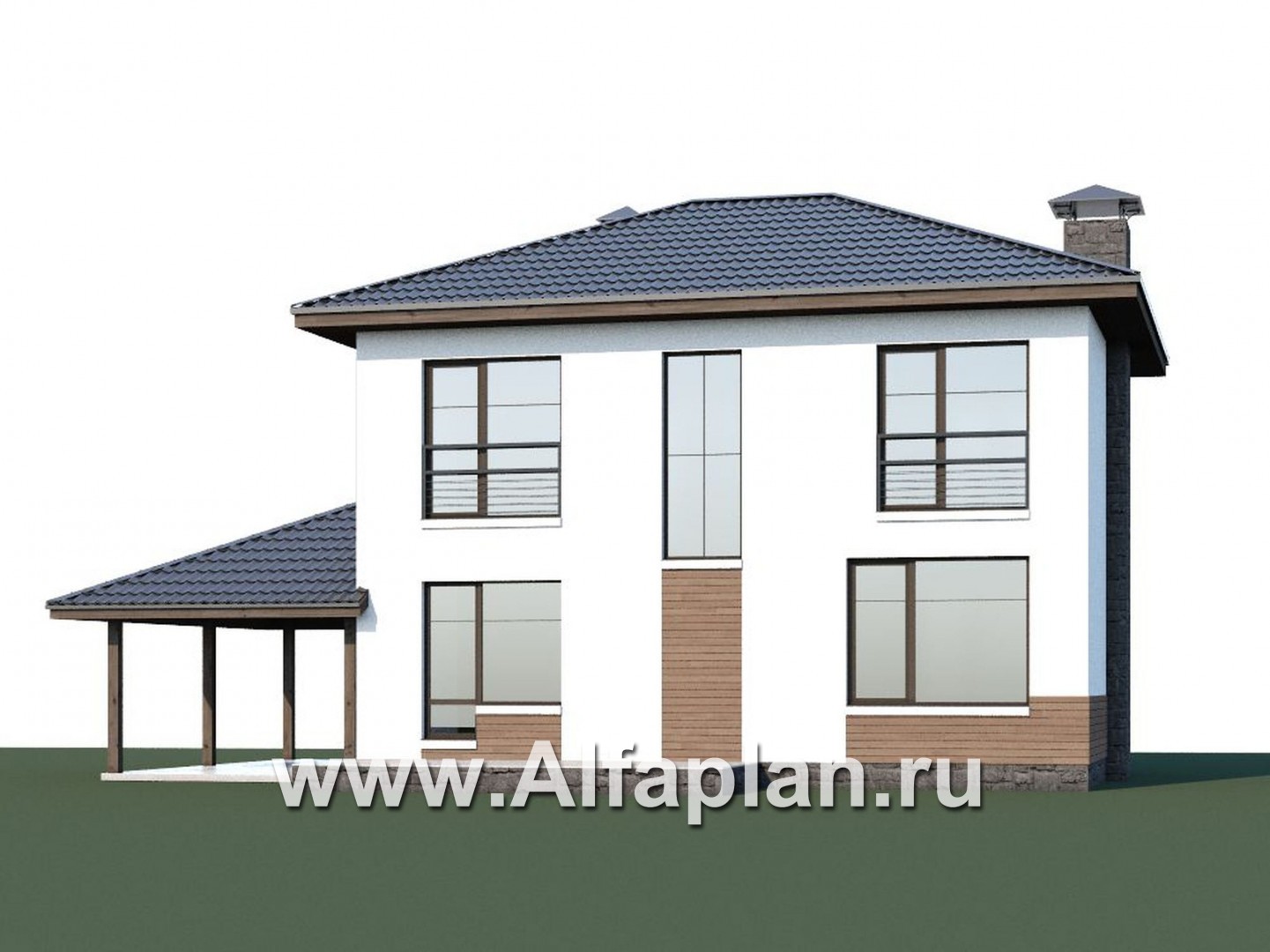 «Карат» - проект простого двухэтажного дома из газобетона, с навесом на 1 авто, в современном стиле - дизайн дома №1