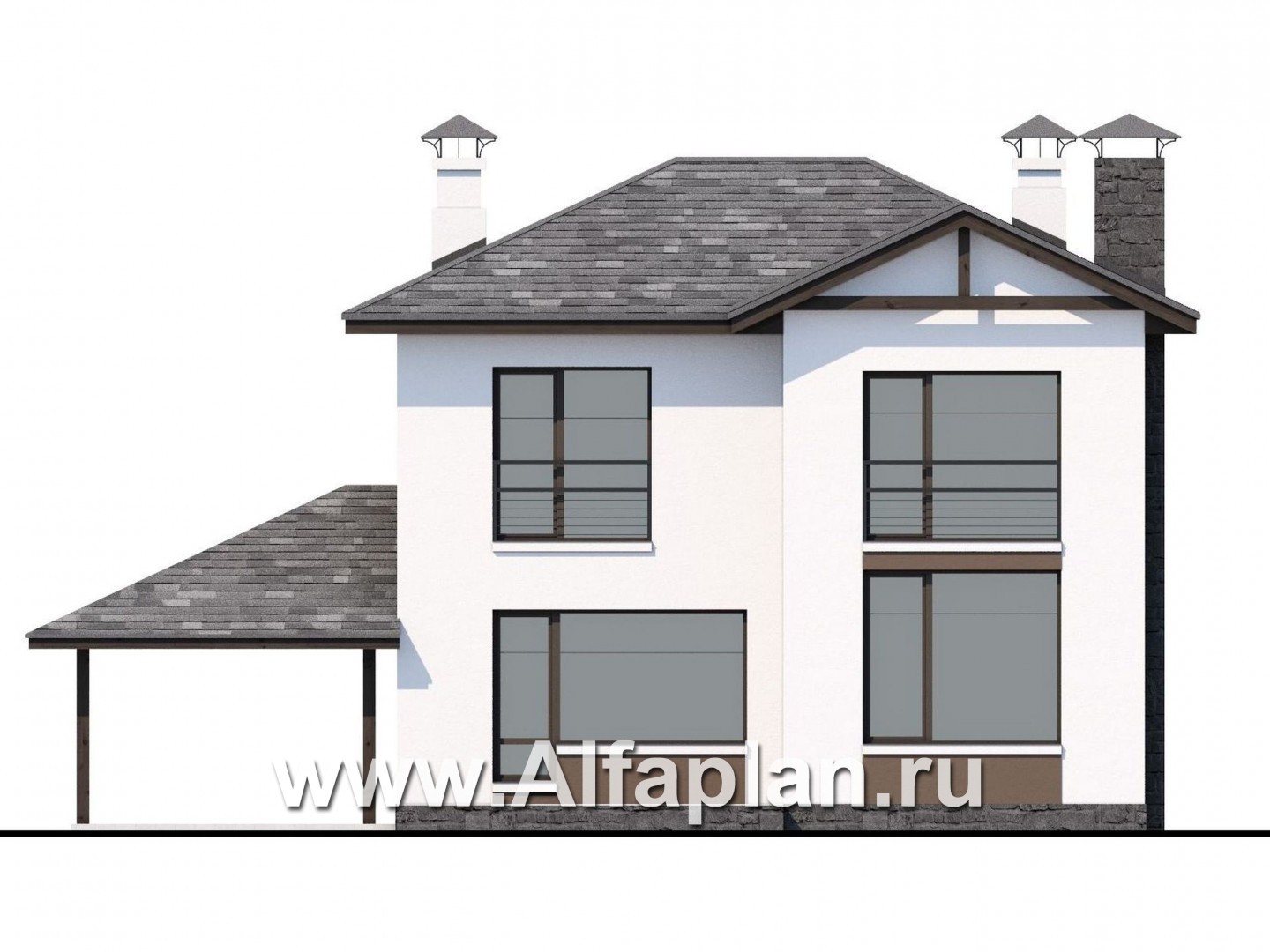 Проекты домов Альфаплан - «Панорама» - проект простого двухэтажного дома из газобетона, с навесом на 1 авто, в современном стиле - изображение фасада №4