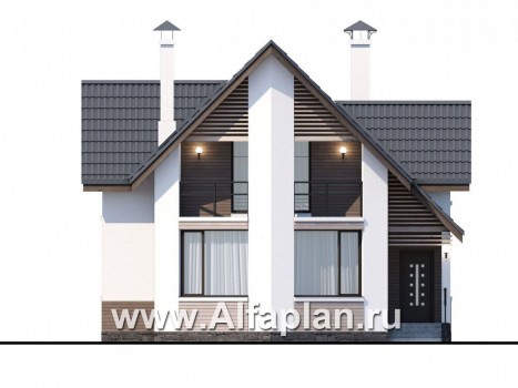 Проекты домов Альфаплан - «Якорь» - эффектный коттедж с оригинальным эркером - превью фасада №1
