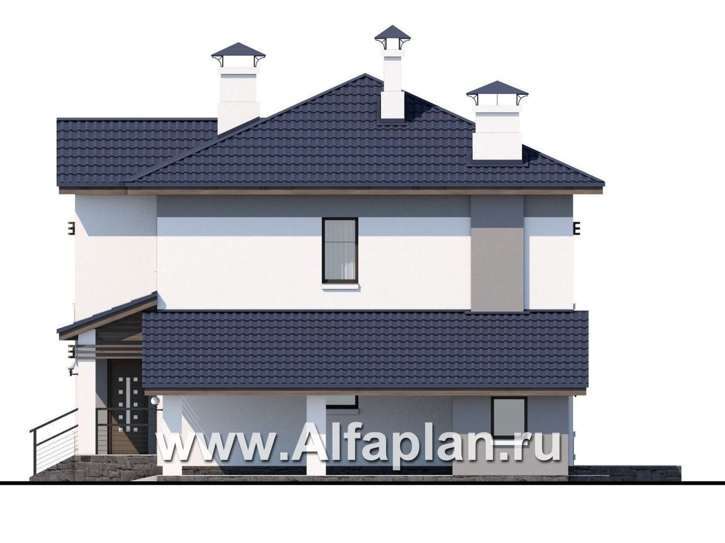 Проекты домов Альфаплан - «Бухта счастья» - двухэтажный дом с навесом для машины - изображение фасада №2