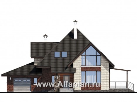 «Персей» - проект дома с мансардой, из кирпича, с террасой и с гаражом, современный стиль - превью фасада дома