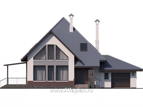 «Плеяды» — проект дома с мансардой, из кирпича или газобетона, с террасой и с сауной, с гаражом - превью фасада дома