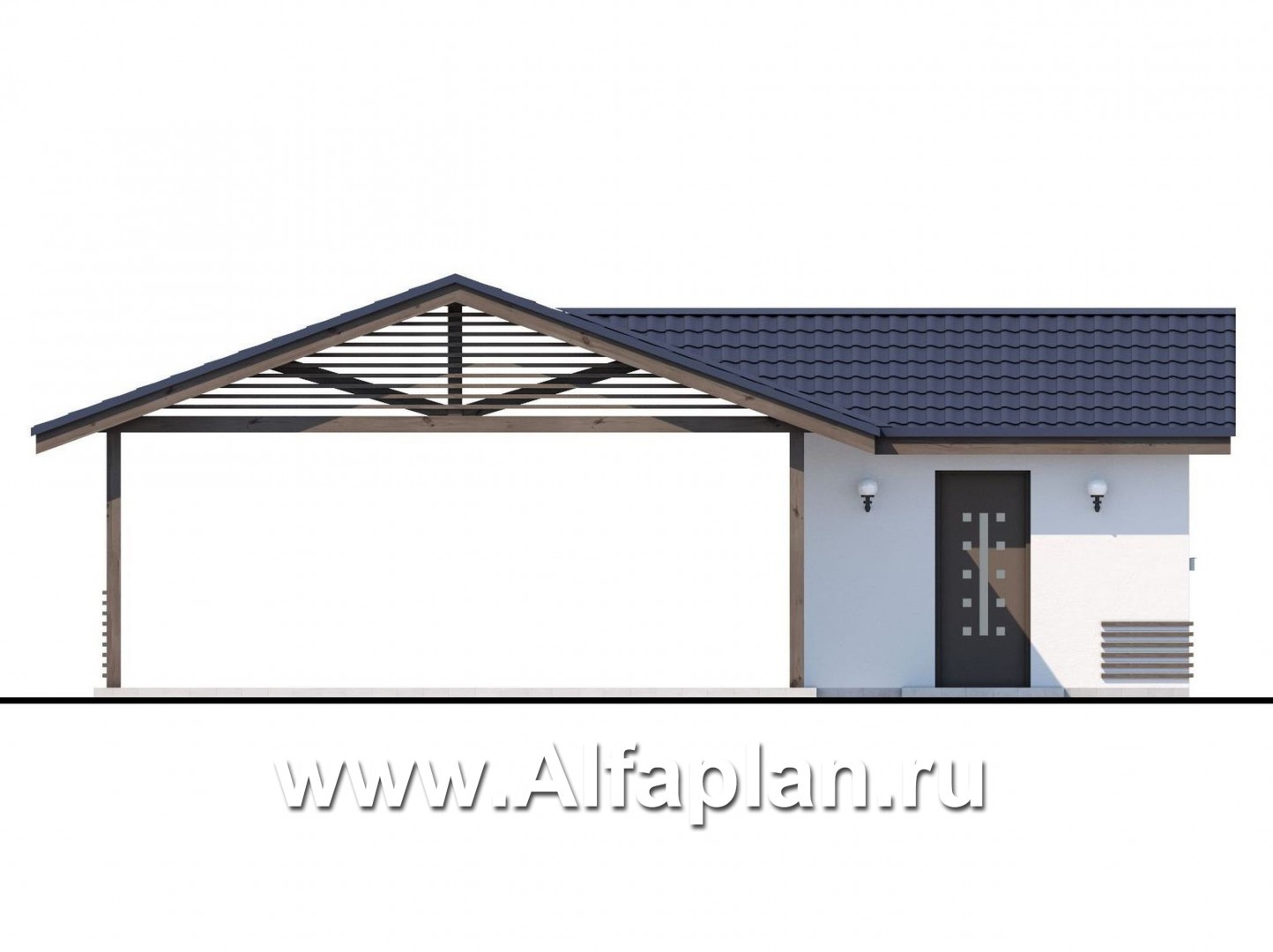 Проекты домов Альфаплан - Навес стоянка для 2 авто с небольшой кладовой - изображение фасада №1