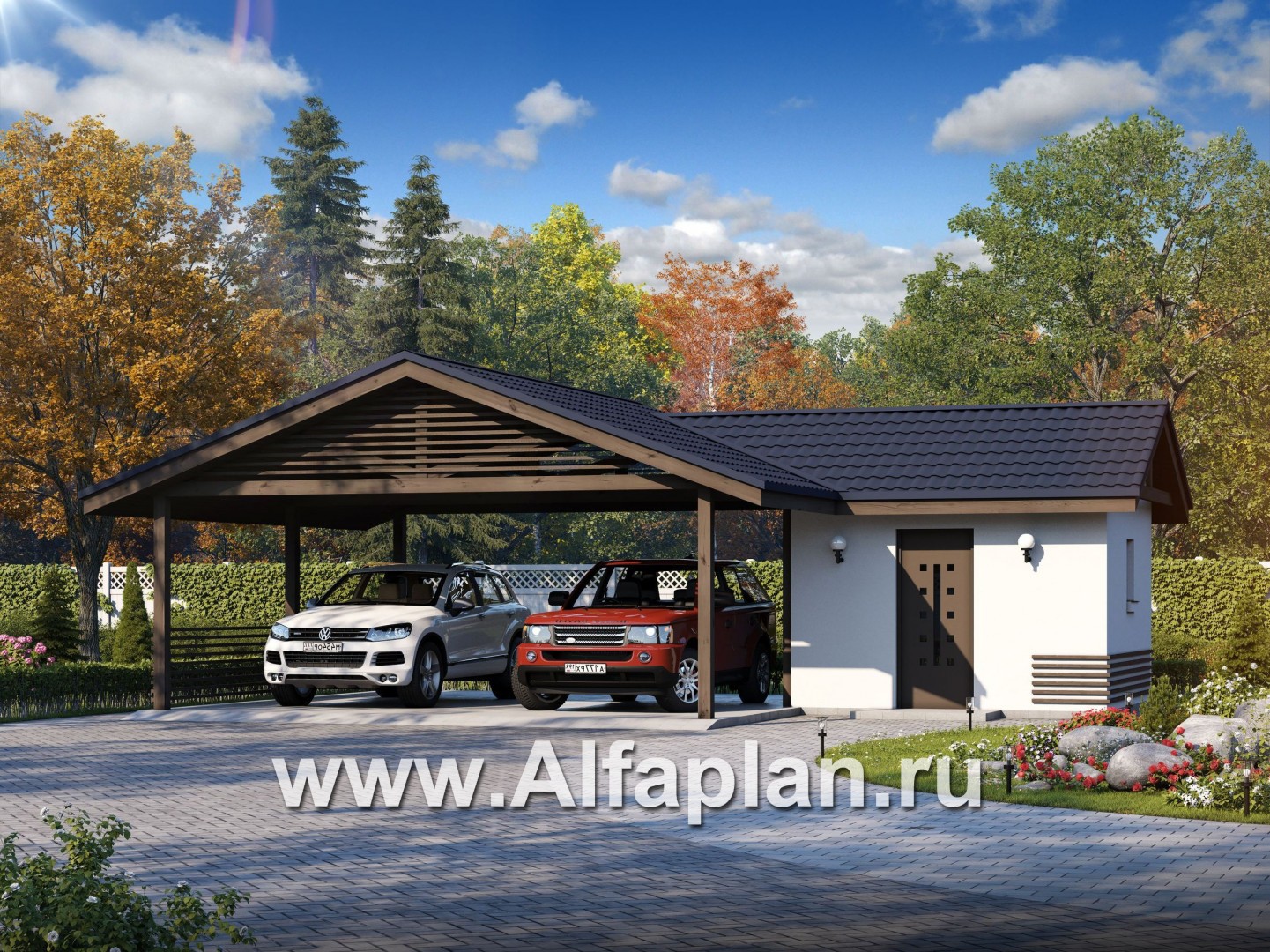 Проекты домов Альфаплан - Навес стоянка для 2 авто с небольшой кладовой - основное изображение