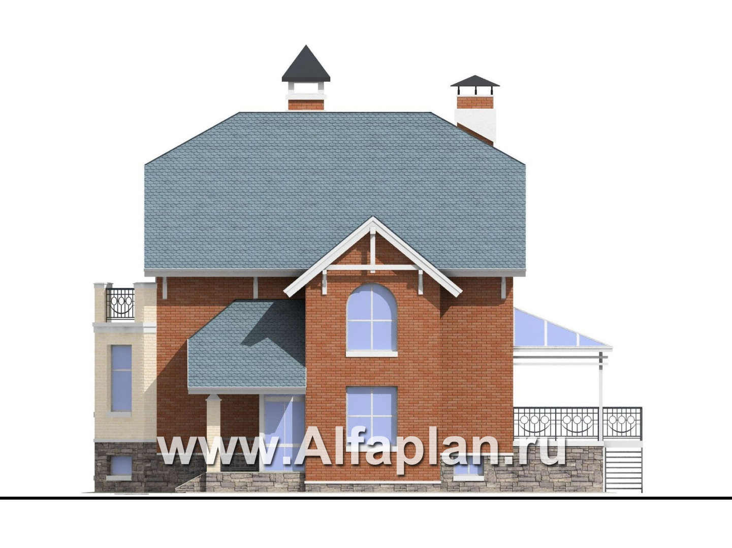 «Лаура» - проект двухэтажного загородного дома,с эркером и с террасой, с цокольным этажом - фасад дома