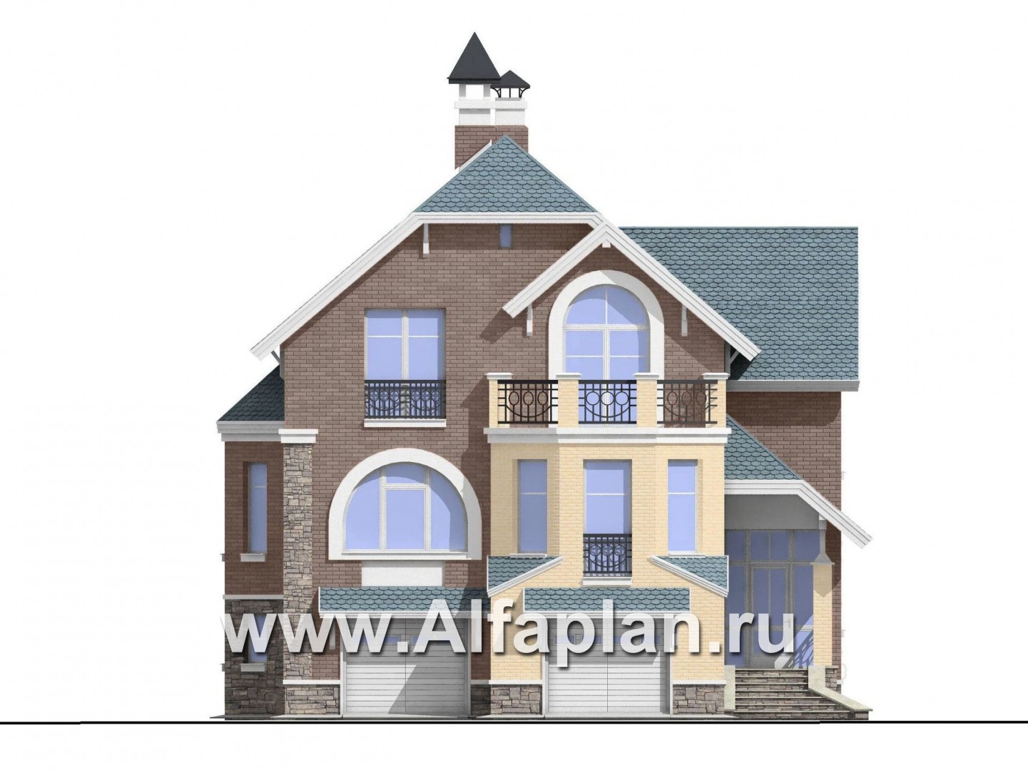 Проекты домов Альфаплан - «Корвет-прогресс» - трехэтажный коттедж с двумя гаражами - изображение фасада №1
