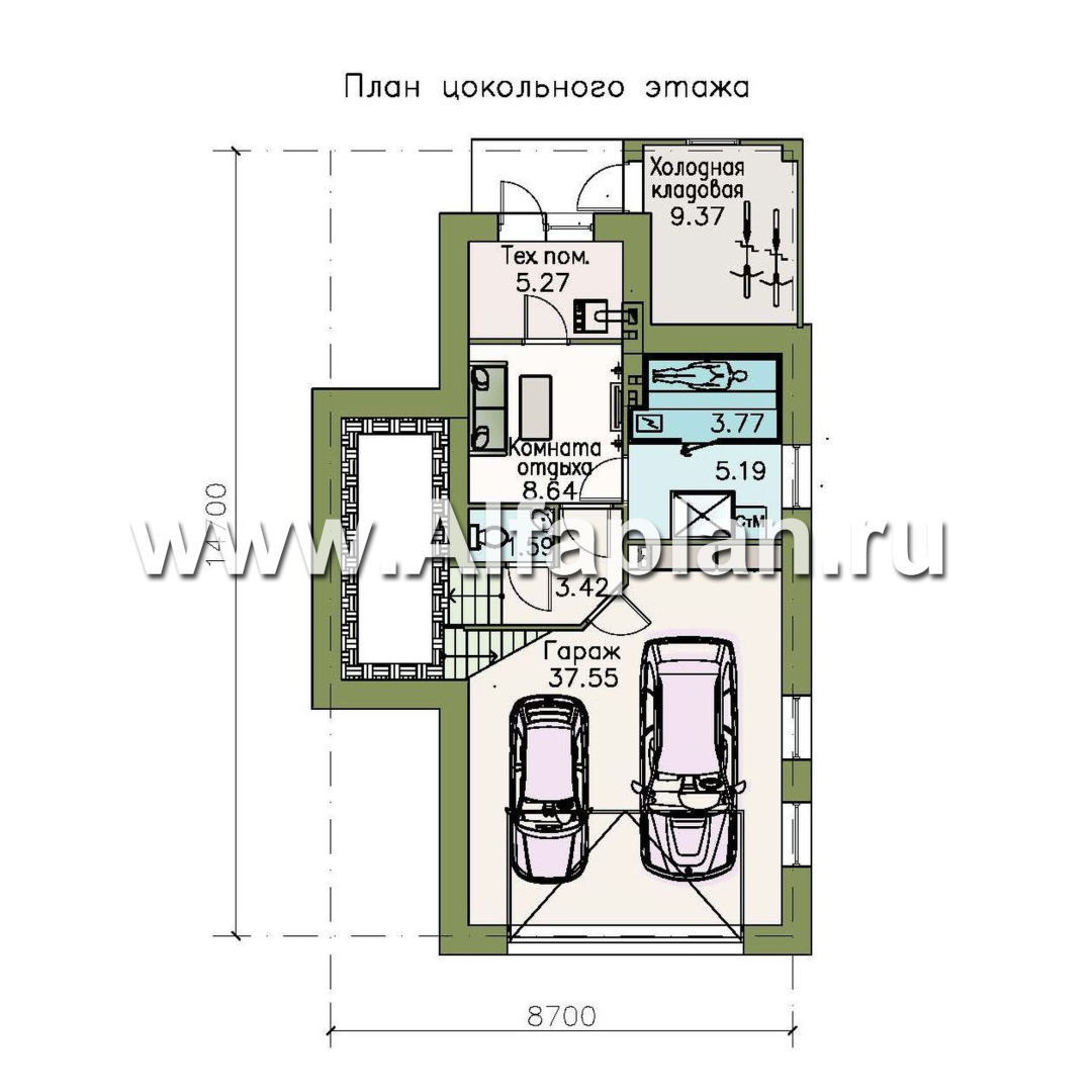 «Эврика» - проект трехэтажного дома, планировка с увеличенной прихожей, с гаражом в цоколе, для узкого участка - план дома