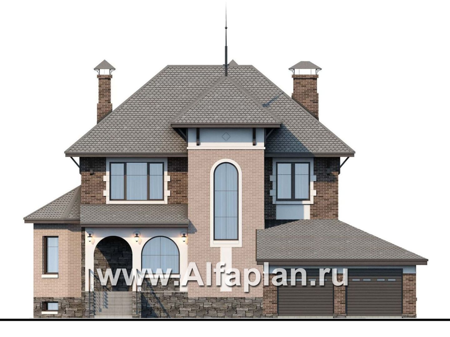 Проекты домов Альфаплан - «Маленький принц» - компактный коттедж с цокольным этажом и гаражом - изображение фасада №1
