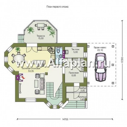 Проекты домов Альфаплан - «Лидер» - рациональный проект дома с навесом для машины - превью плана проекта №1