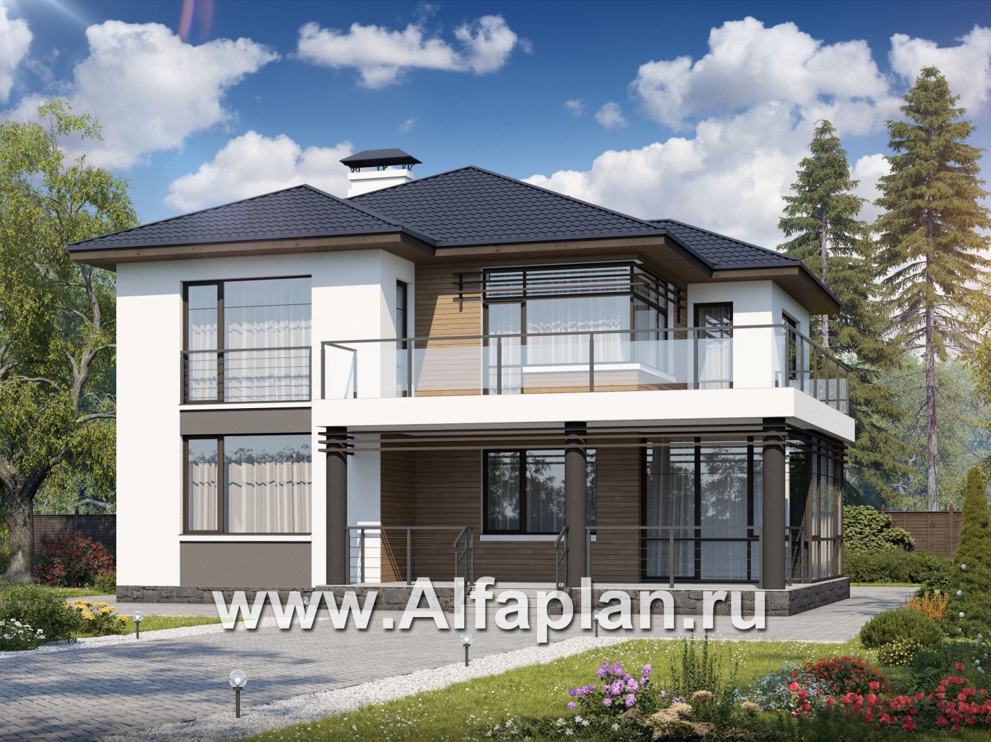 Проекты домов Альфаплан - «Эффект бабочки» - современный дом с красивой угловой террасой - основное изображение