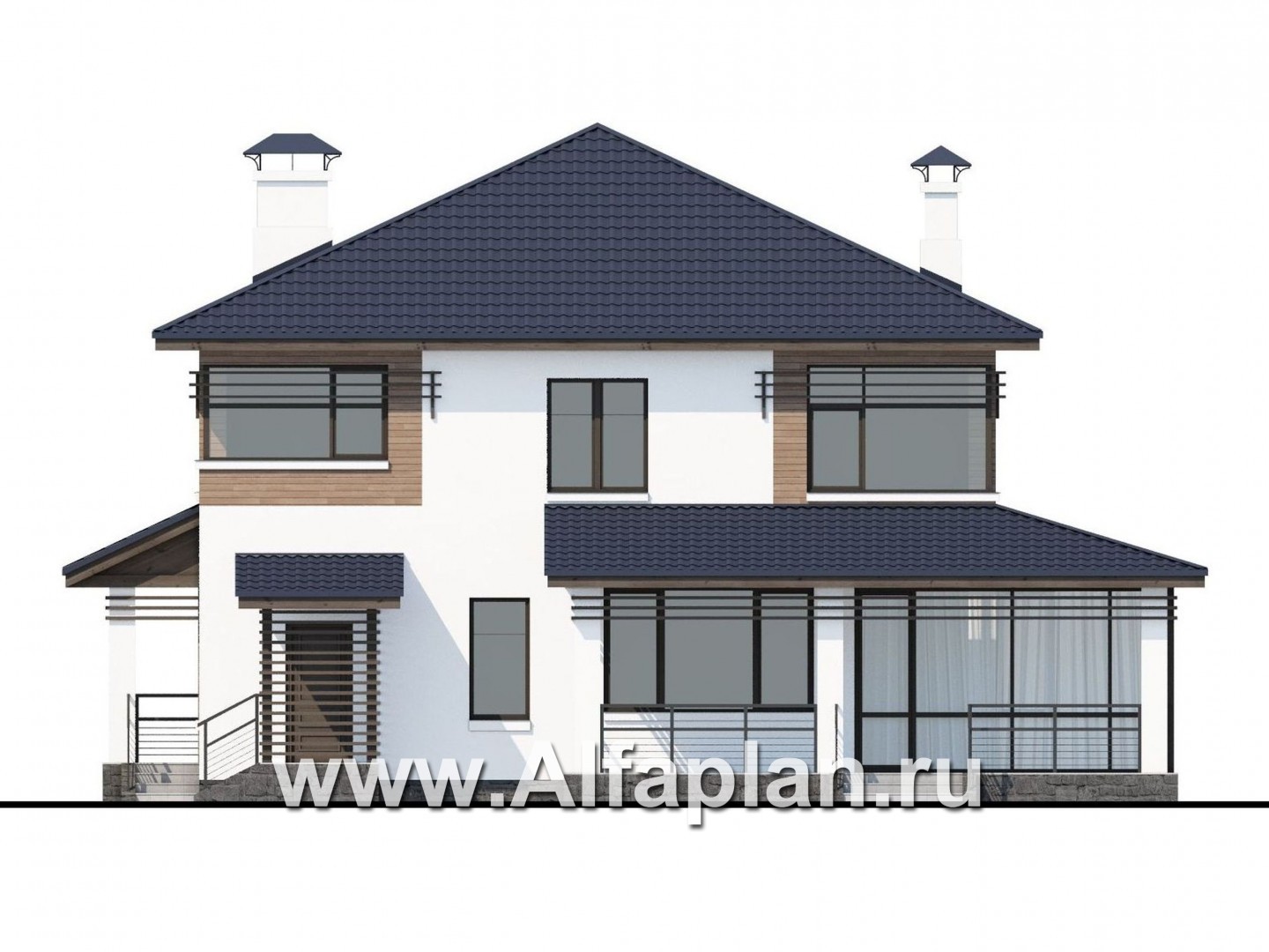 Проекты домов Альфаплан - «Рассвет»- коттедж с большой верандой и  красивыми угловыми окнами - изображение фасада №4