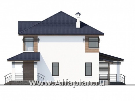 Проекты домов Альфаплан - «Рассвет»- коттедж с большой верандой и  красивыми угловыми окнами - превью фасада №2