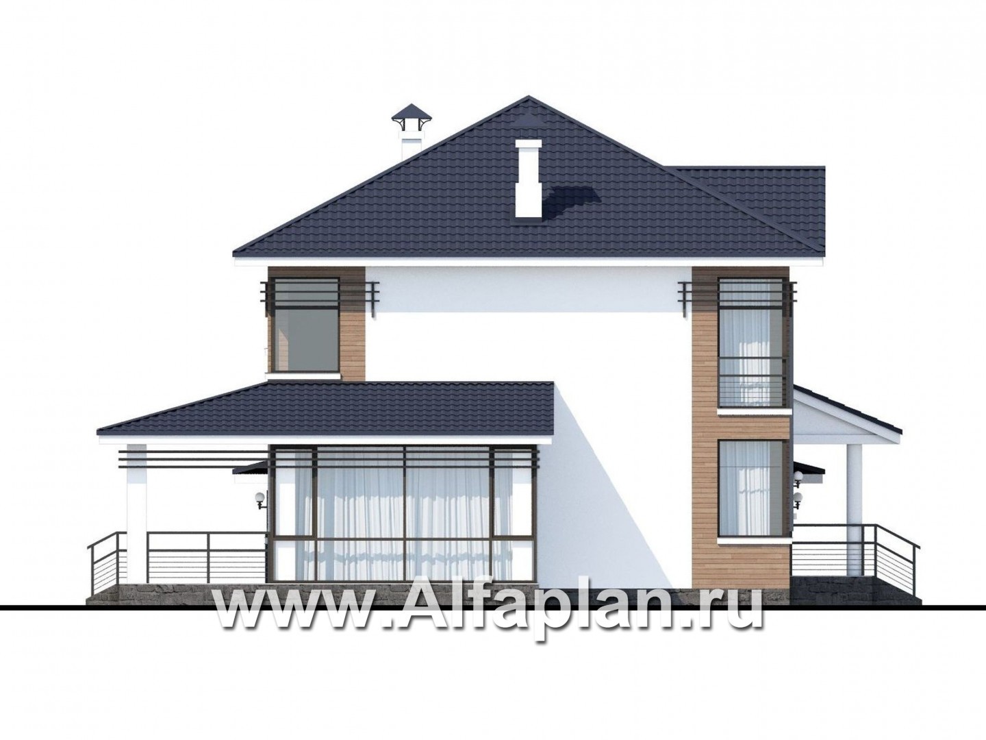 Проекты домов Альфаплан - «Рассвет» - коттедж с эффектными угловыми окнами, гаражом и верандой - изображение фасада №2