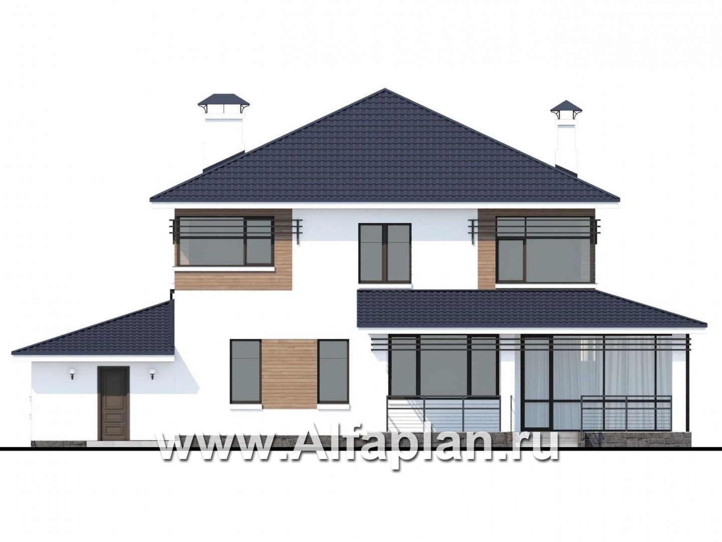 Проекты домов Альфаплан - «Рассвет» - коттедж с эффектными угловыми окнами, гаражом и верандой - изображение фасада №3