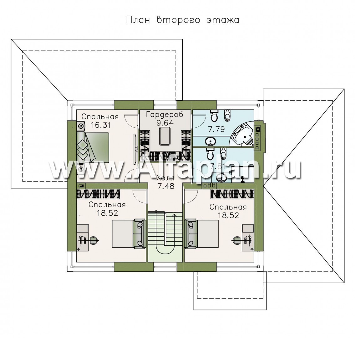 Проекты домов Альфаплан - «Рассвет» - коттедж с эффектными угловыми окнами, гаражом и верандой - изображение плана проекта №2