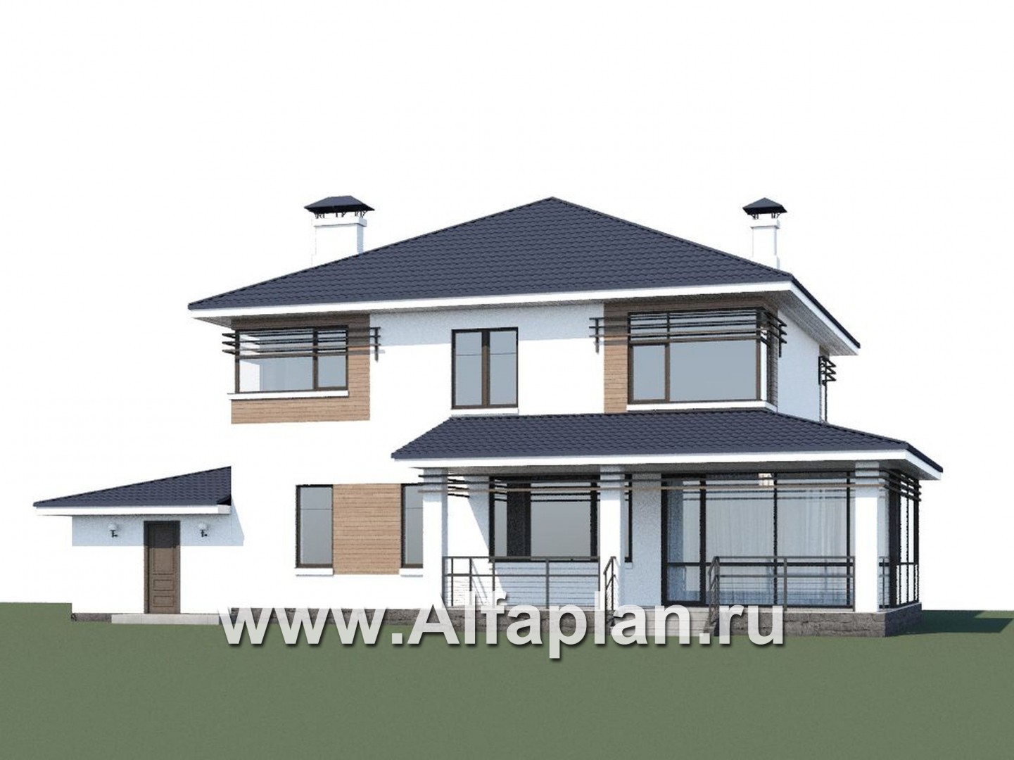 Проекты домов Альфаплан - «Рассвет» - коттедж с эффектными угловыми окнами, гаражом и верандой - дополнительное изображение №1