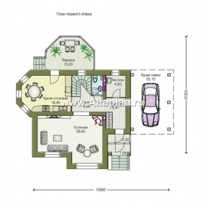 Проекты домов Альфаплан - «Гармония» - двухэтажный коттедж с навесом для машины и террасой - превью плана проекта №1