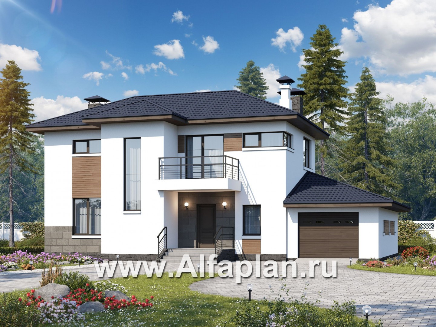 Проекты домов Альфаплан - «Мотивация успеха» - дом с гаражом, обращенный окнами в сад - основное изображение