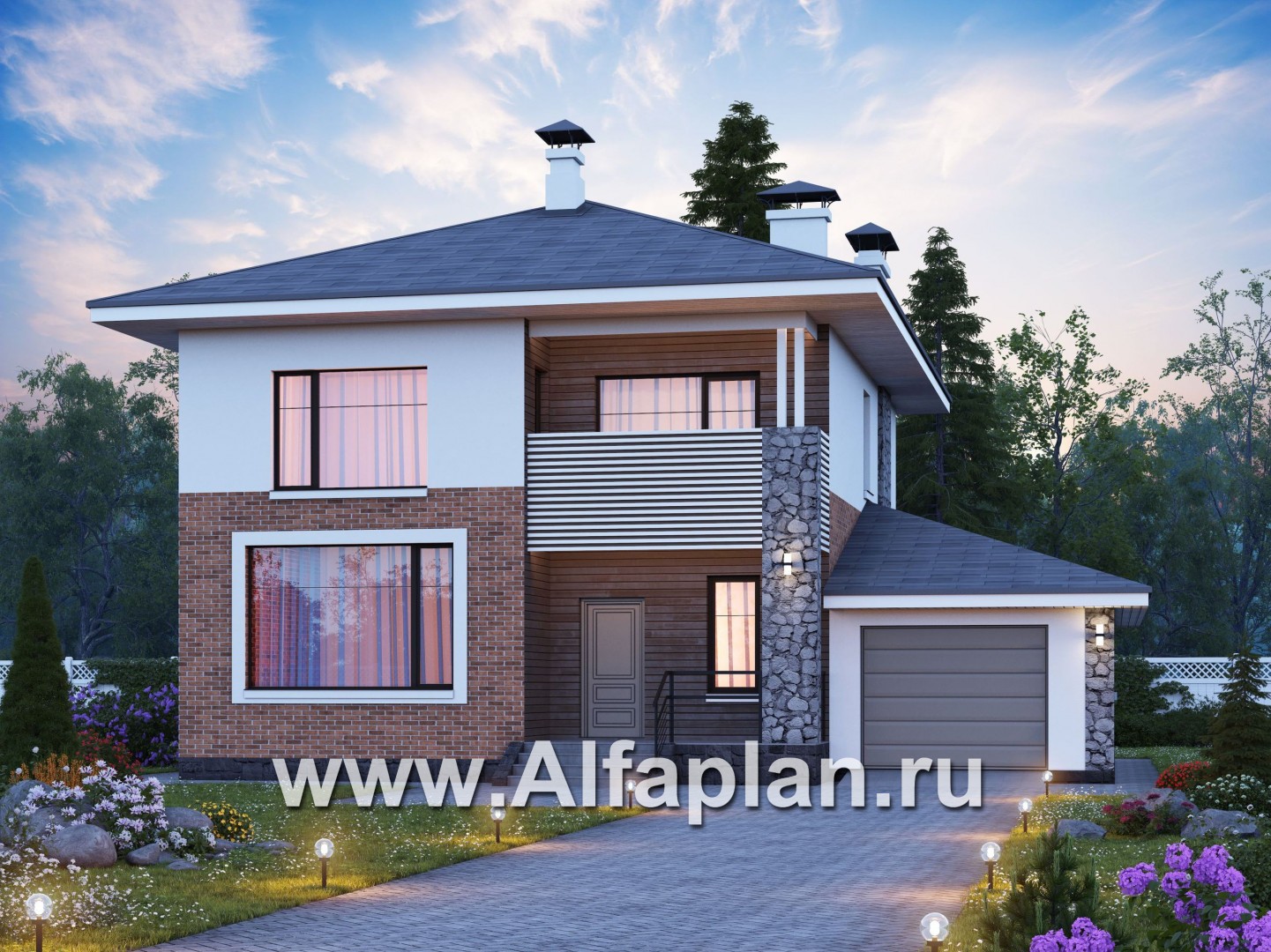 Проекты домов Альфаплан - «Сектор счастья» - стильный современный дом с гаражом - основное изображение