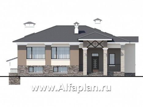 Проекты домов Альфаплан - «Суверен» - полутораэтажный коттедж с небольшим цоколем и мансардой - превью фасада №1
