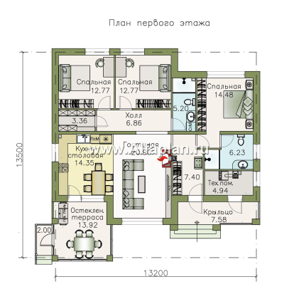 Проекты домов Альфаплан - «Теплый очаг» - экономичный одноэтажный дом - превью плана проекта №1