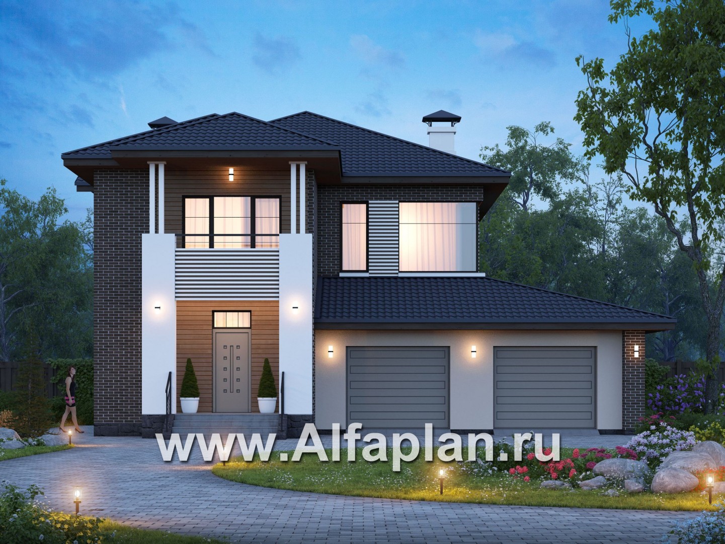 Проекты домов Альфаплан - «Новый поворот» - комфортный двухэтажный дом с гаражом - основное изображение