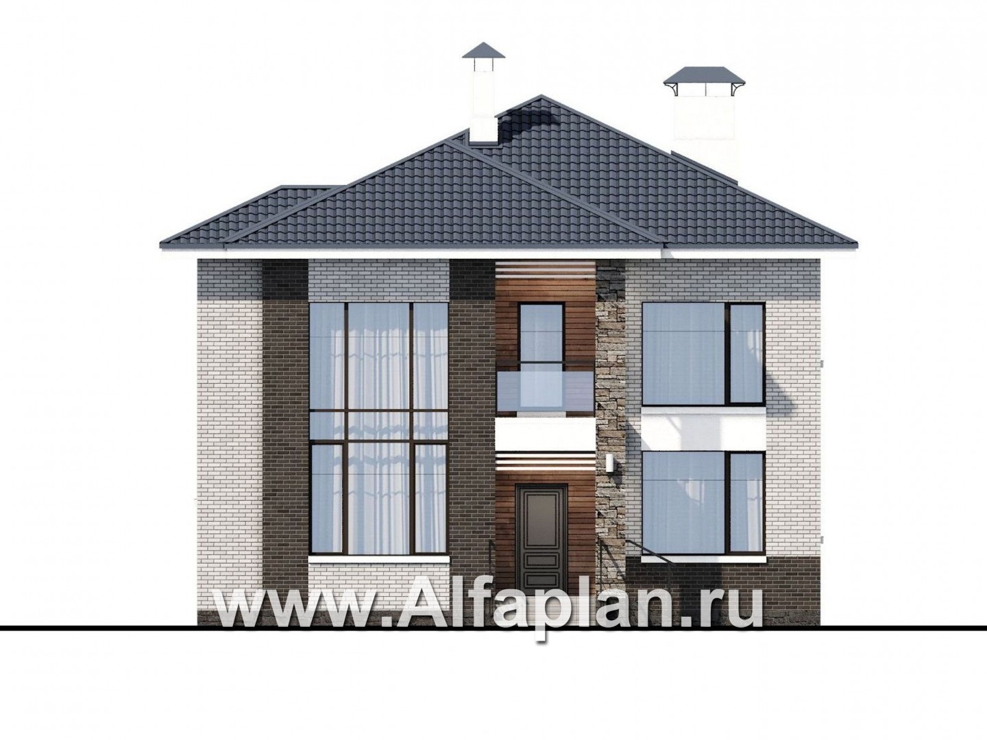 «Вязьма» - проект двухэтажного дома из газобетона, планировка с двусветной гостиной, с террасой - фасад дома