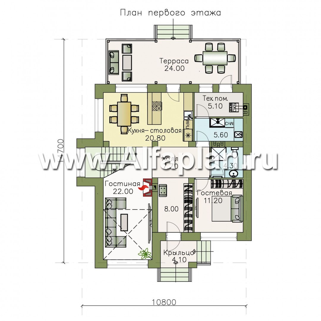 «Вязьма» - проект двухэтажного дома из газобетона, планировка с двусветной гостиной, с террасой - план дома