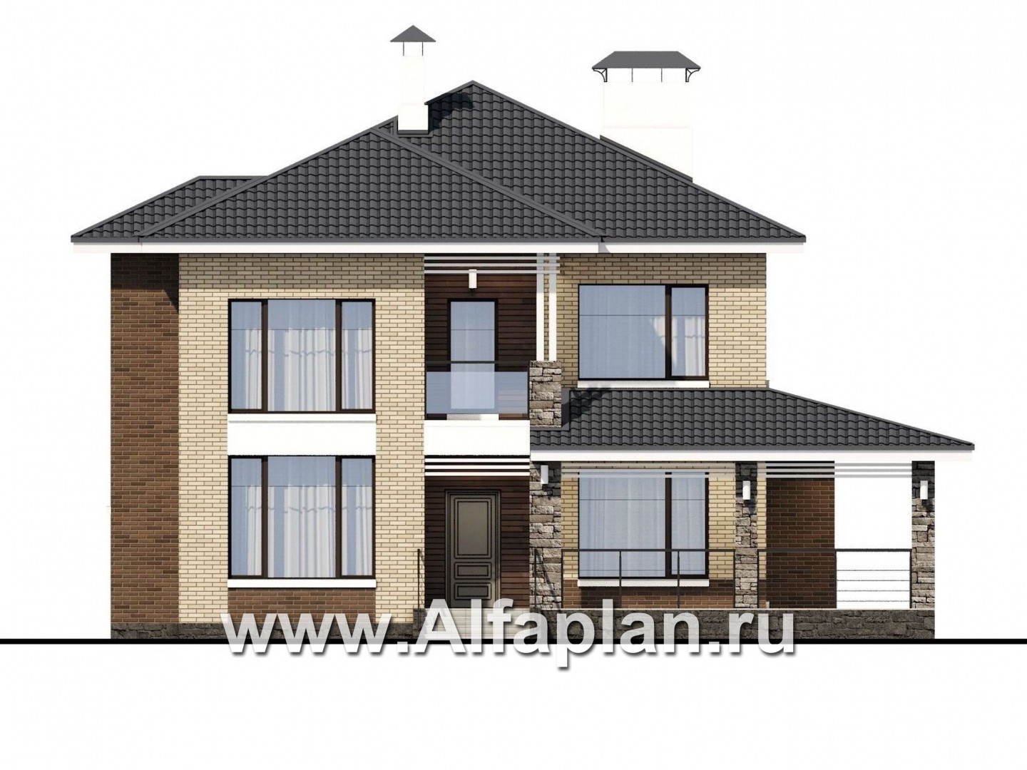 Проекты домов Альфаплан - «Роман с камнем» — двухэтажный коттедж с террасой при входе - изображение фасада №1