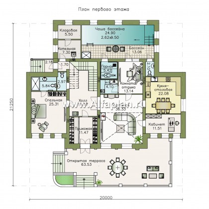 Проекты домов Альфаплан - «Богема» — эксклюзивное классическое поместье с бассейном - превью плана проекта №1